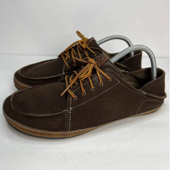 Olukai Kauwela Lace Up Brown Toffee Dark Wood Slip On Loafer Drop in Heel 9.5 - Picture 1 of 8
